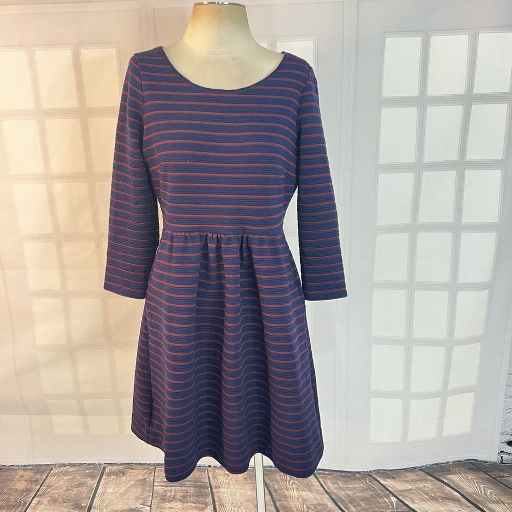 Maeve Anthropologie 3/4 sleeve red n blue ribbed knit fit n flare dress with poc
